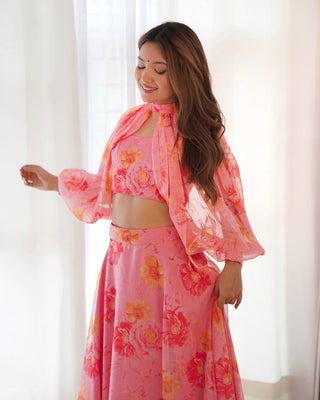 Pink Designer Floral Tabby Organza Silk Lehenga Choli Set ClothsVilla