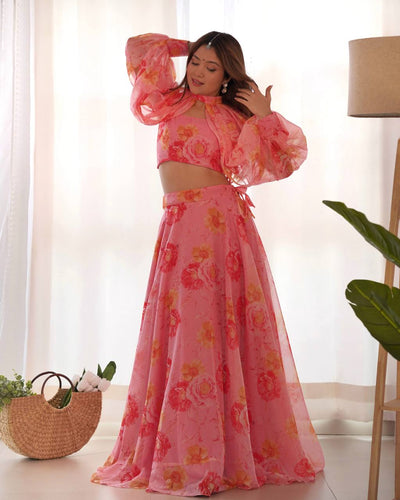 Pink Designer Floral Tabby Organza Silk Lehenga Choli Set ClothsVilla