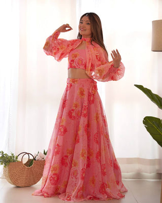 Pink Designer Floral Tabby Organza Silk Lehenga Choli Set ClothsVilla