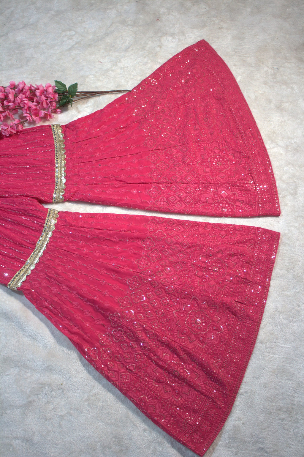 Pink Designer Georgette Kaftan Sharara Set with Heavy Thread & Mirror Embroidery ClothsVilla