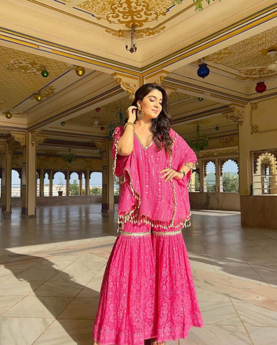 Pink Designer Georgette Kaftan Sharara Set with Heavy Thread & Mirror Embroidery ClothsVilla