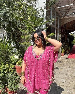 Pink Designer Georgette Kaftan Sharara Set with Heavy Thread & Mirror Embroidery ClothsVilla