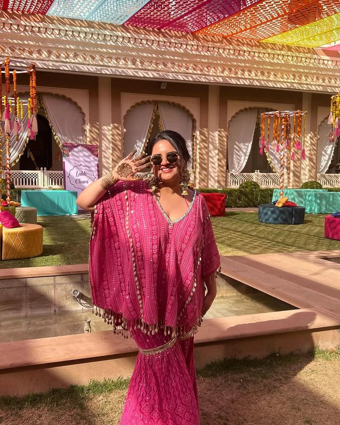 Pink Designer Georgette Kaftan Sharara Set with Heavy Thread & Mirror Embroidery ClothsVilla