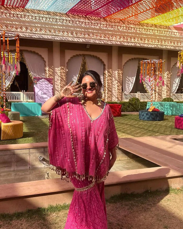 Pink Designer Georgette Kaftan Sharara Set with Heavy Thread & Mirror Embroidery ClothsVilla