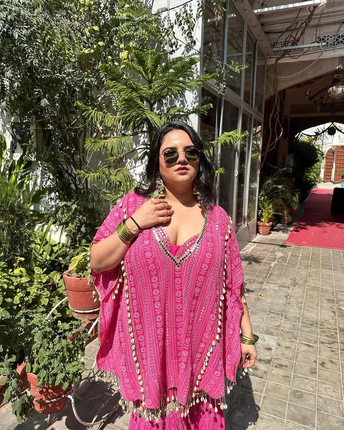 Pink Designer Georgette Kaftan Sharara Set with Heavy Thread & Mirror Embroidery ClothsVilla