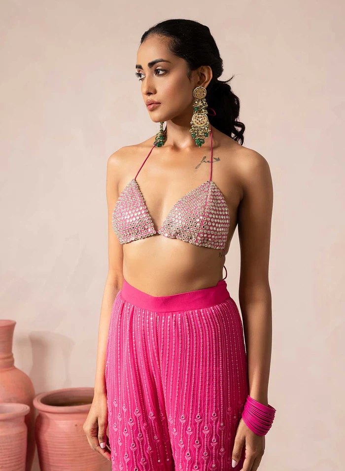 Pink Designer Georgette Kaftan Sharara Set with Heavy Thread & Mirror Embroidery ClothsVilla