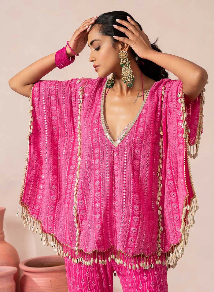 Pink Designer Georgette Kaftan Sharara Set with Heavy Thread & Mirror Embroidery ClothsVilla