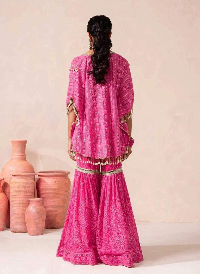 Pink Designer Georgette Kaftan Sharara Set with Heavy Thread & Mirror Embroidery ClothsVilla