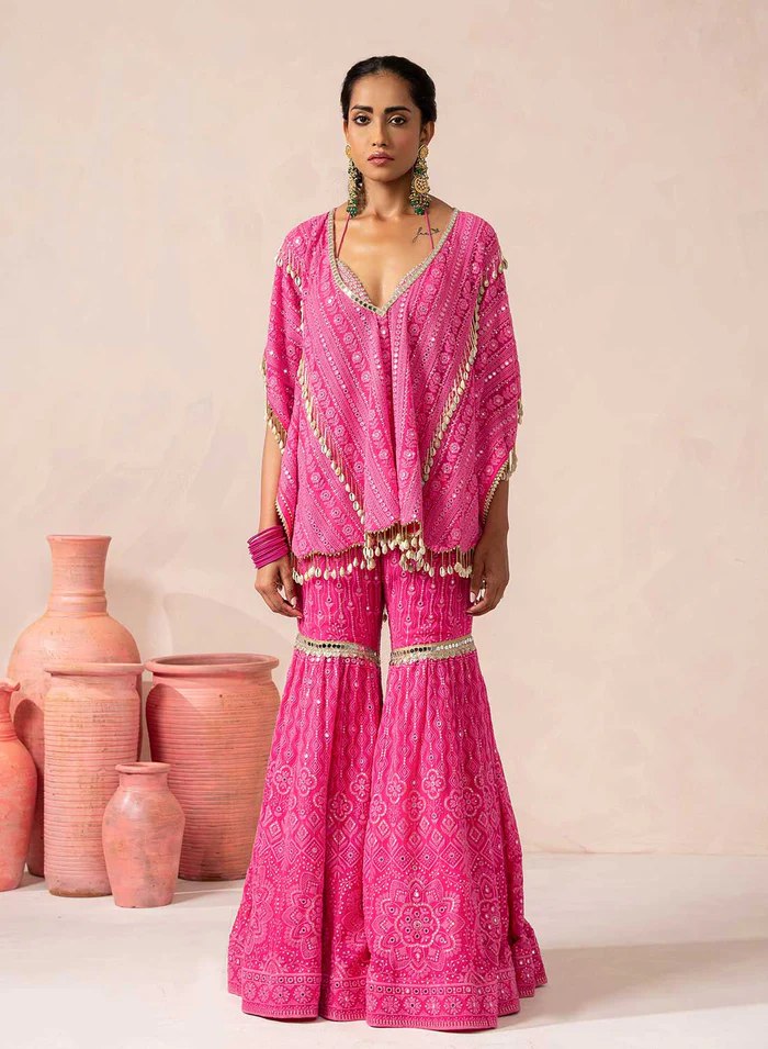 Pink Designer Georgette Kaftan Sharara Set with Heavy Thread & Mirror Embroidery ClothsVilla