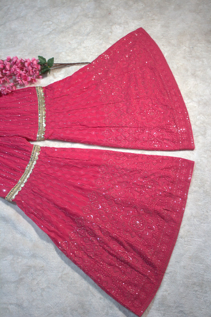 Pink Designer Georgette Kaftan Sharara Set with Heavy Thread & Mirror Embroidery ClothsVilla