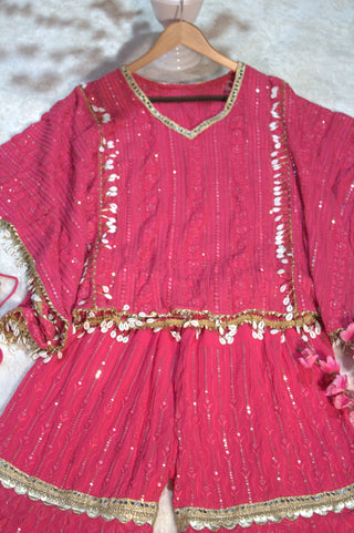 Pink Designer Georgette Kaftan Sharara Set with Heavy Thread & Mirror Embroidery ClothsVilla