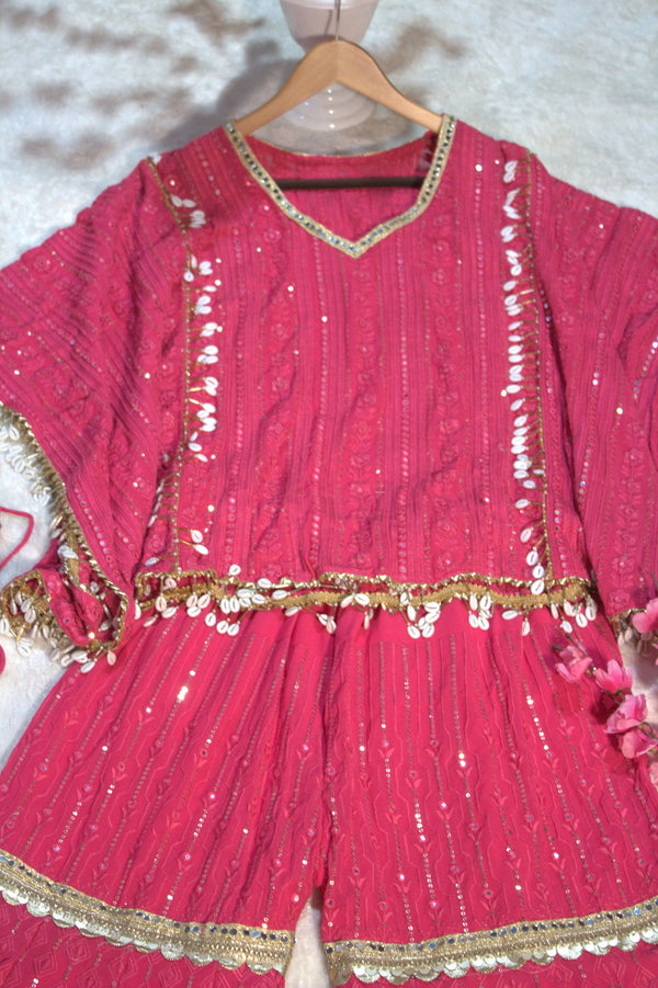 Pink Designer Georgette Kaftan Sharara Set with Heavy Thread & Mirror Embroidery ClothsVilla