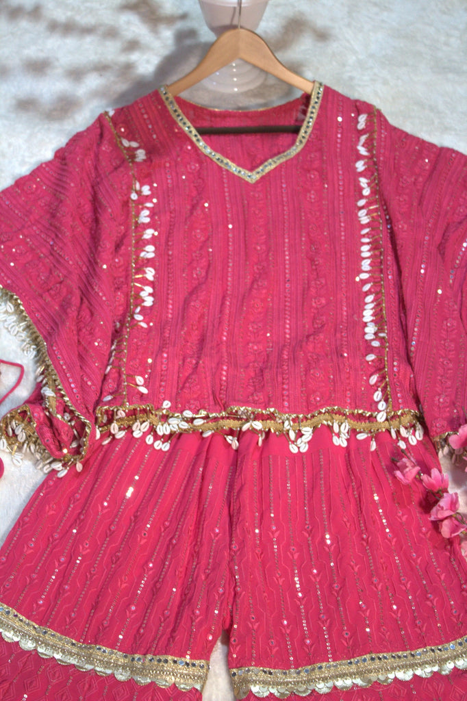 Pink Designer Georgette Kaftan Sharara Set with Heavy Thread & Mirror Embroidery ClothsVilla