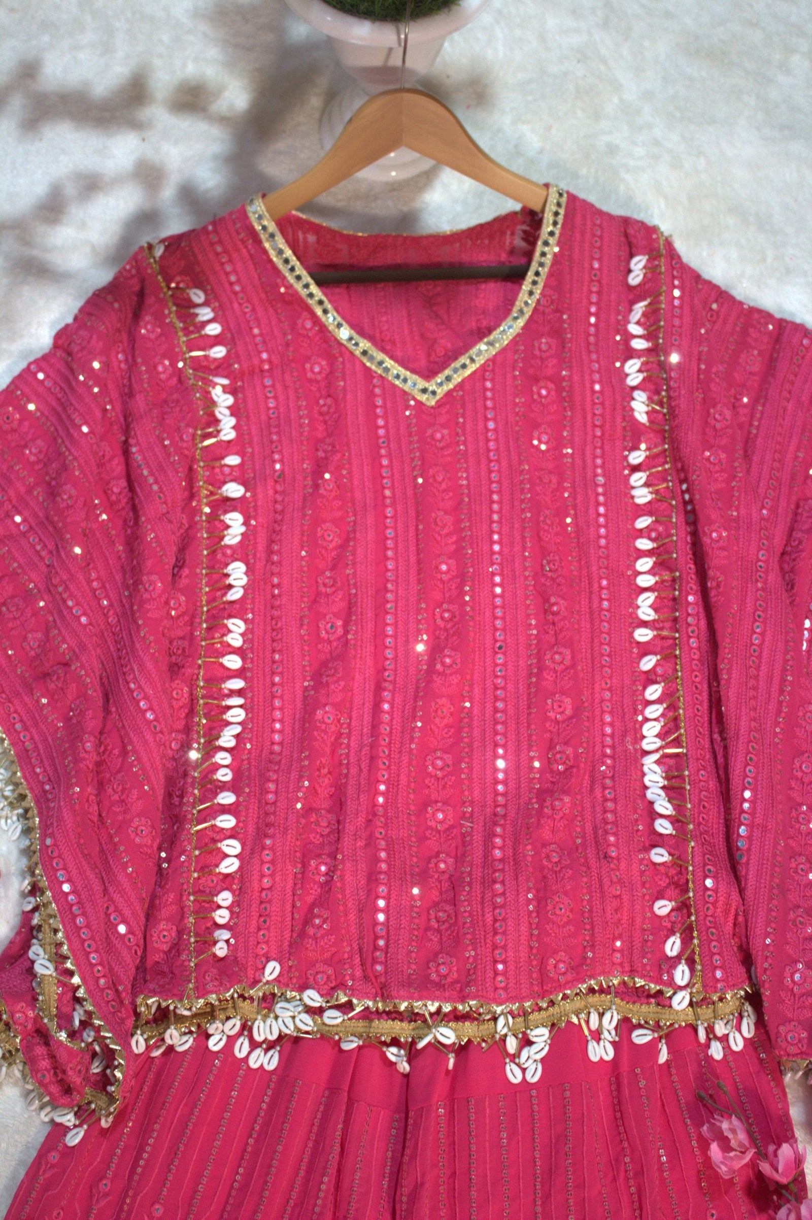 Pink Designer Georgette Kaftan Sharara Set with Heavy Thread & Mirror Embroidery ClothsVilla