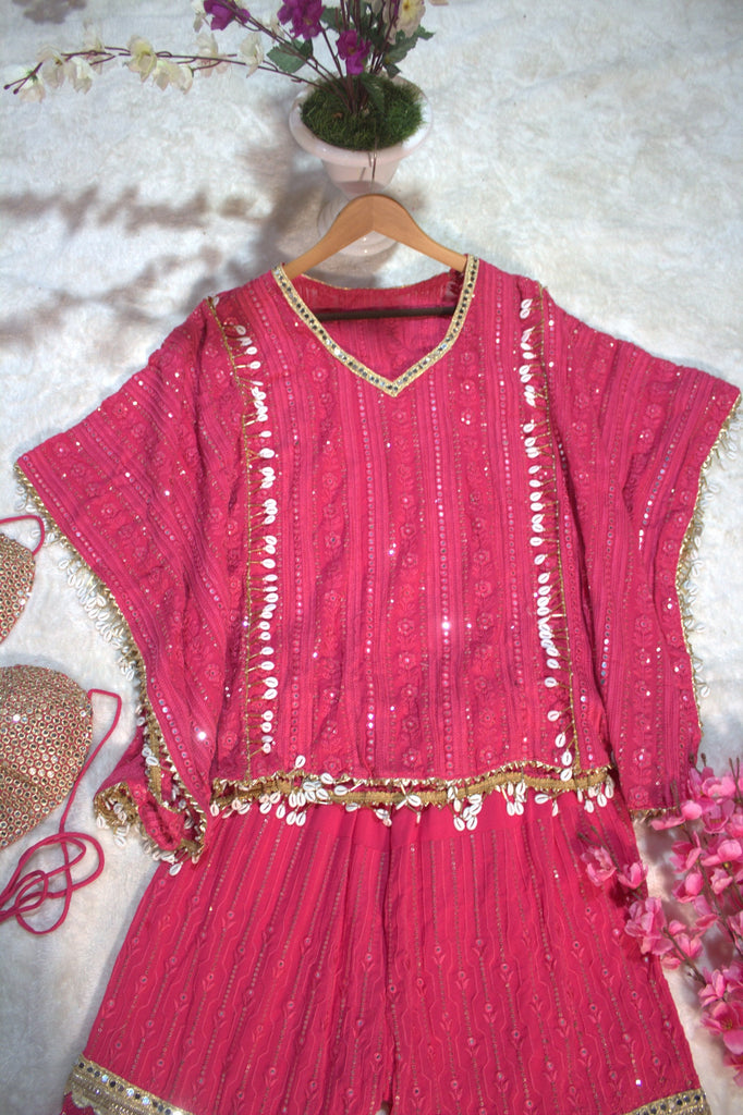 Pink Designer Georgette Kaftan Sharara Set with Heavy Thread & Mirror Embroidery ClothsVilla