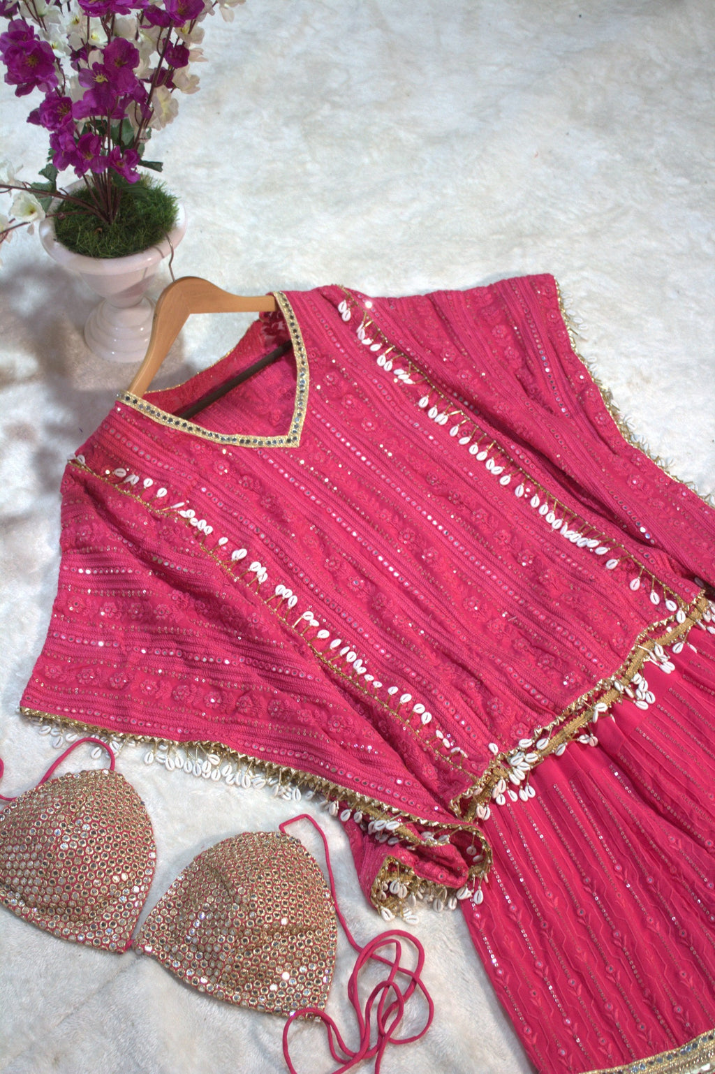 Pink Designer Georgette Kaftan Sharara Set with Heavy Thread & Mirror Embroidery ClothsVilla