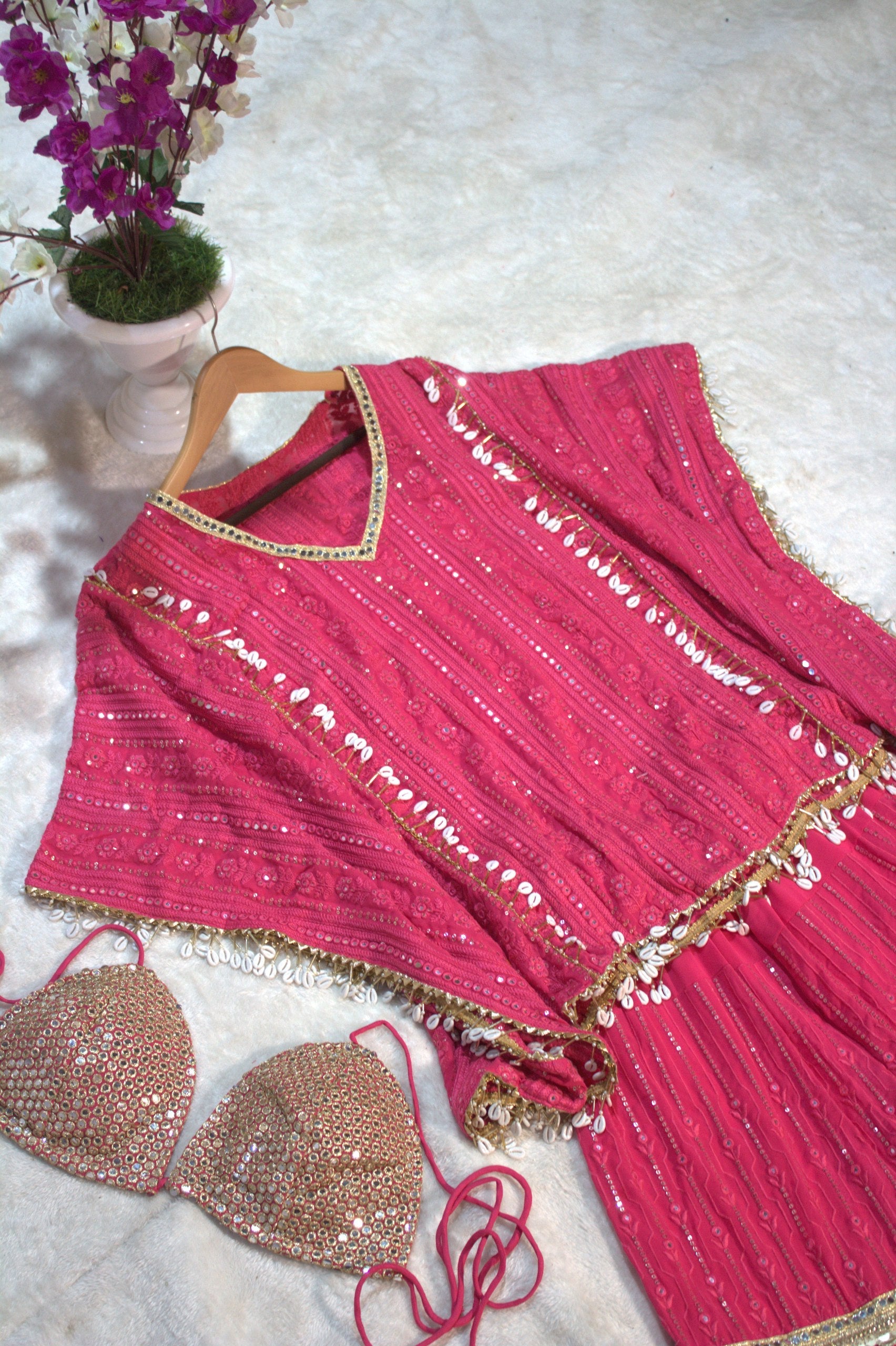 Pink Designer Georgette Kaftan Sharara Set with Heavy Thread & Mirror Embroidery ClothsVilla
