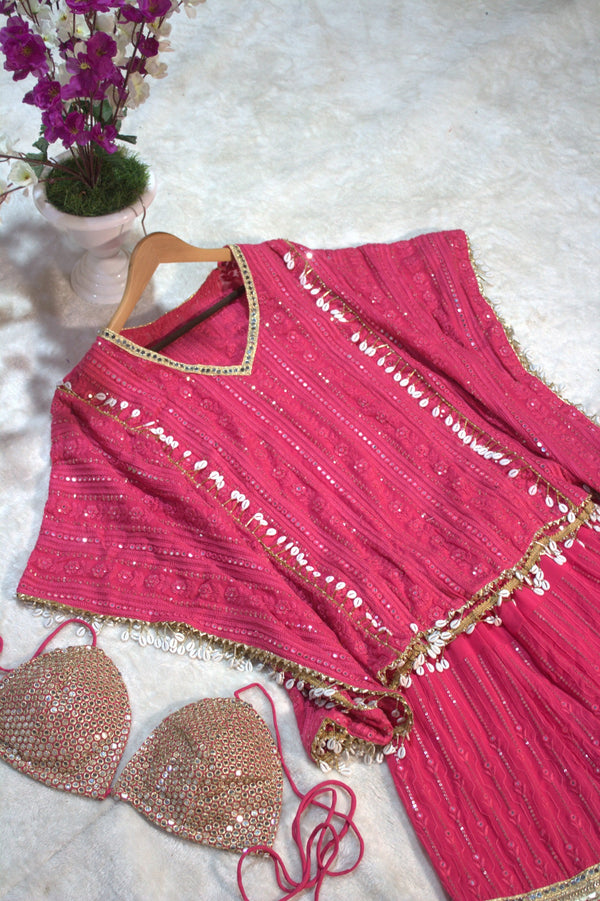 Pink Designer Georgette Kaftan Sharara Set with Heavy Thread & Mirror Embroidery ClothsVilla