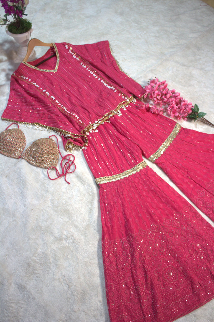 Pink Designer Georgette Kaftan Sharara Set with Heavy Thread & Mirror Embroidery ClothsVilla