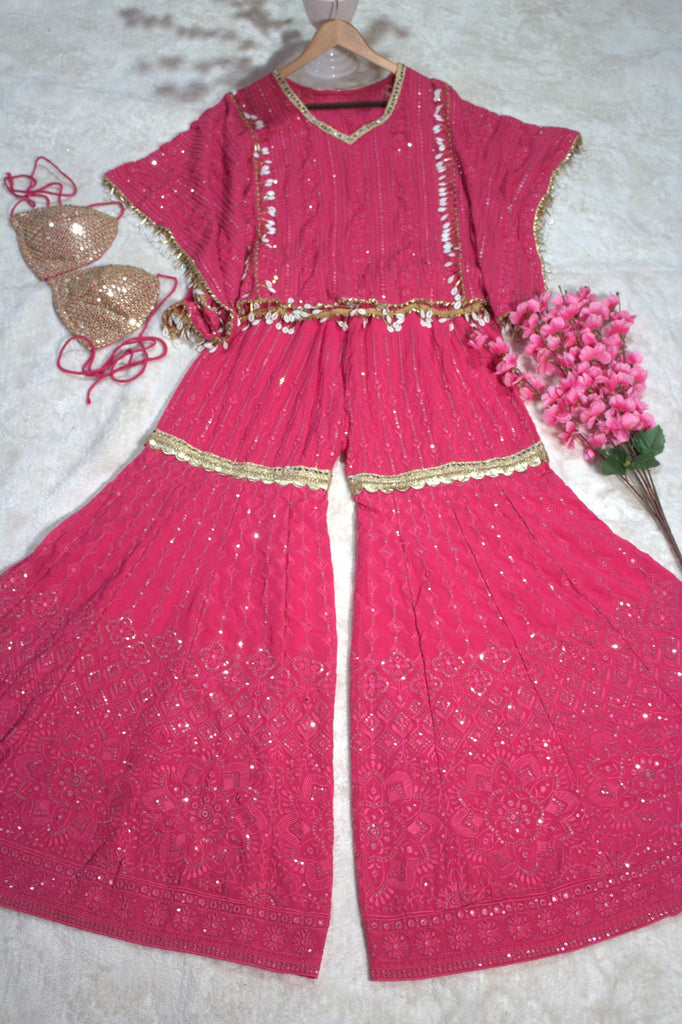 Pink Designer Georgette Kaftan Sharara Set with Heavy Thread & Mirror Embroidery ClothsVilla