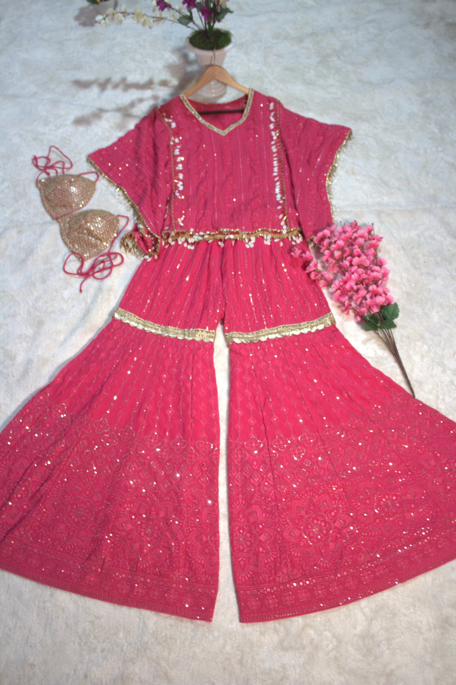 Pink Designer Georgette Kaftan Sharara Set with Heavy Thread & Mirror Embroidery ClothsVilla