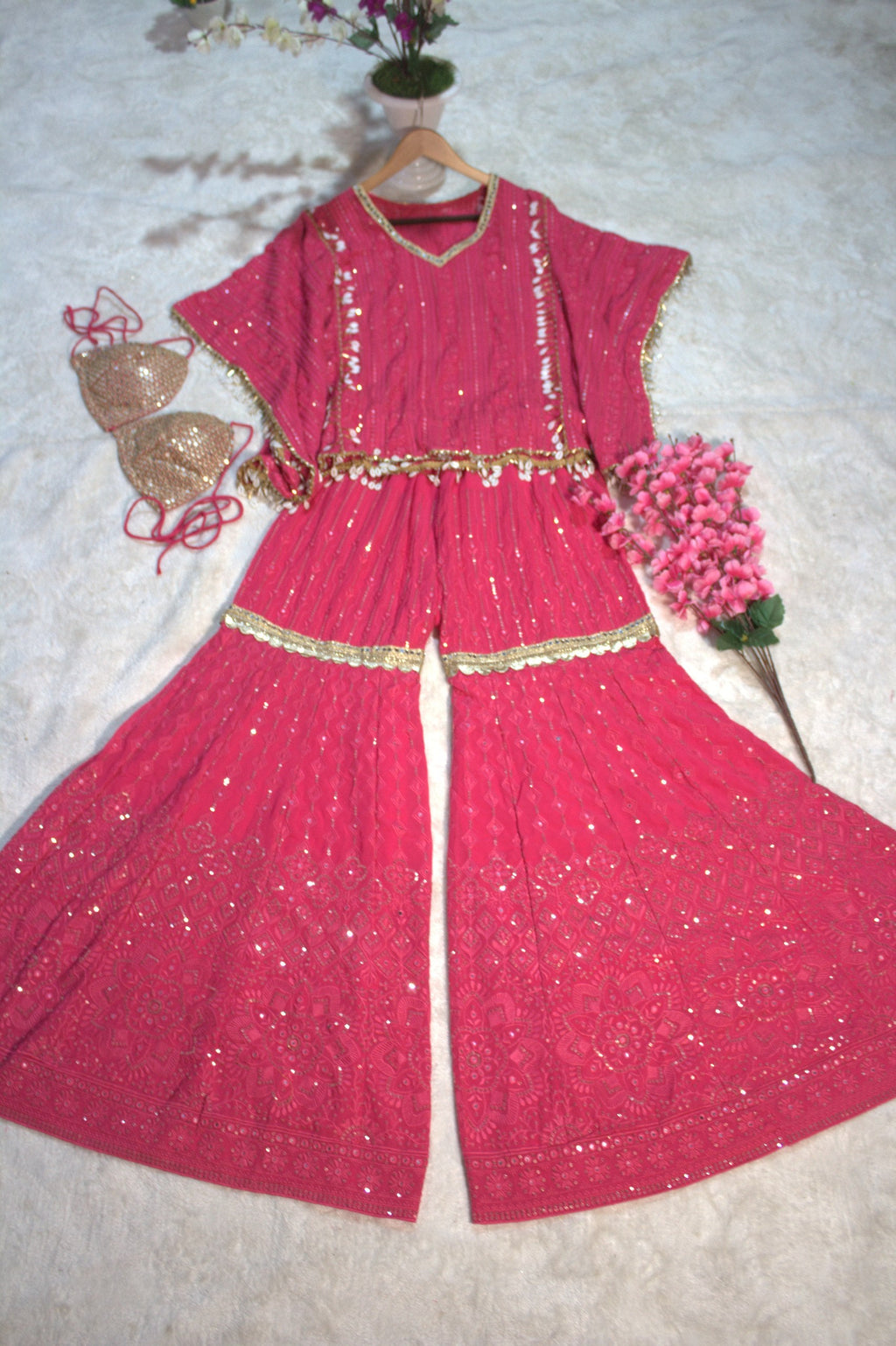 Pink Designer Georgette Kaftan Sharara Set with Heavy Thread & Mirror Embroidery ClothsVilla