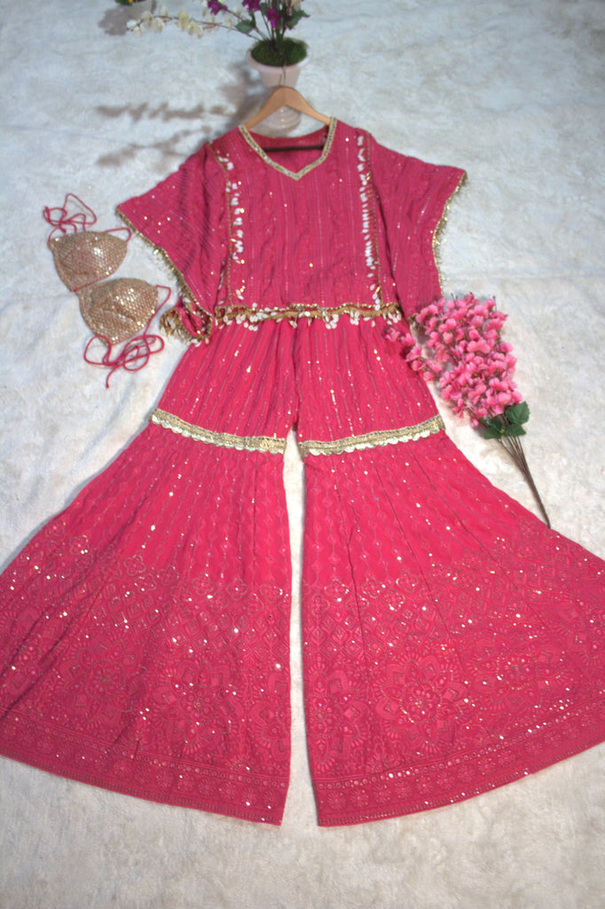 Pink Designer Georgette Kaftan Sharara Set with Heavy Thread & Mirror Embroidery ClothsVilla