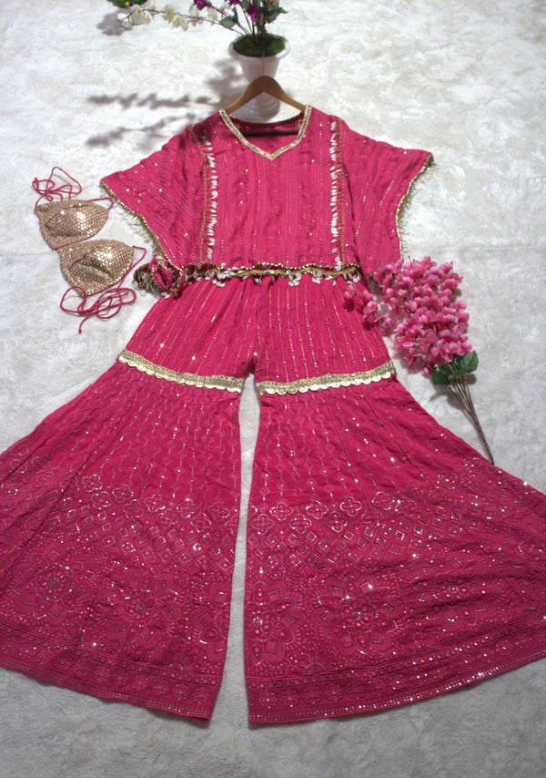 Pink Designer Georgette Kaftan Sharara Set with Heavy Thread & Mirror Embroidery ClothsVilla