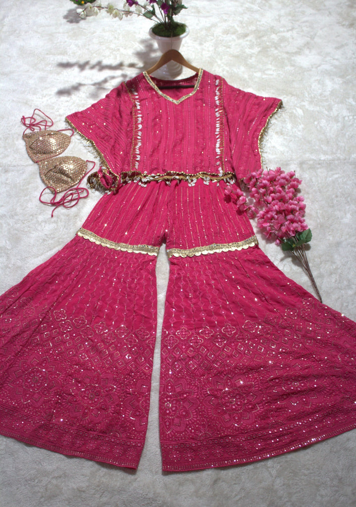 Pink Designer Georgette Kaftan Sharara Set with Heavy Thread & Mirror Embroidery ClothsVilla