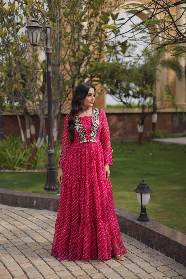 Pink Designer Laheriya Gown ClothsVilla.com
