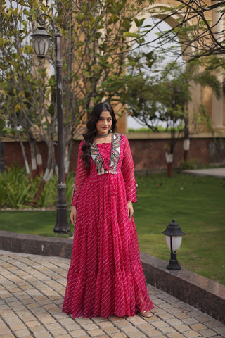 Pink Designer Laheriya Gown ClothsVilla.com