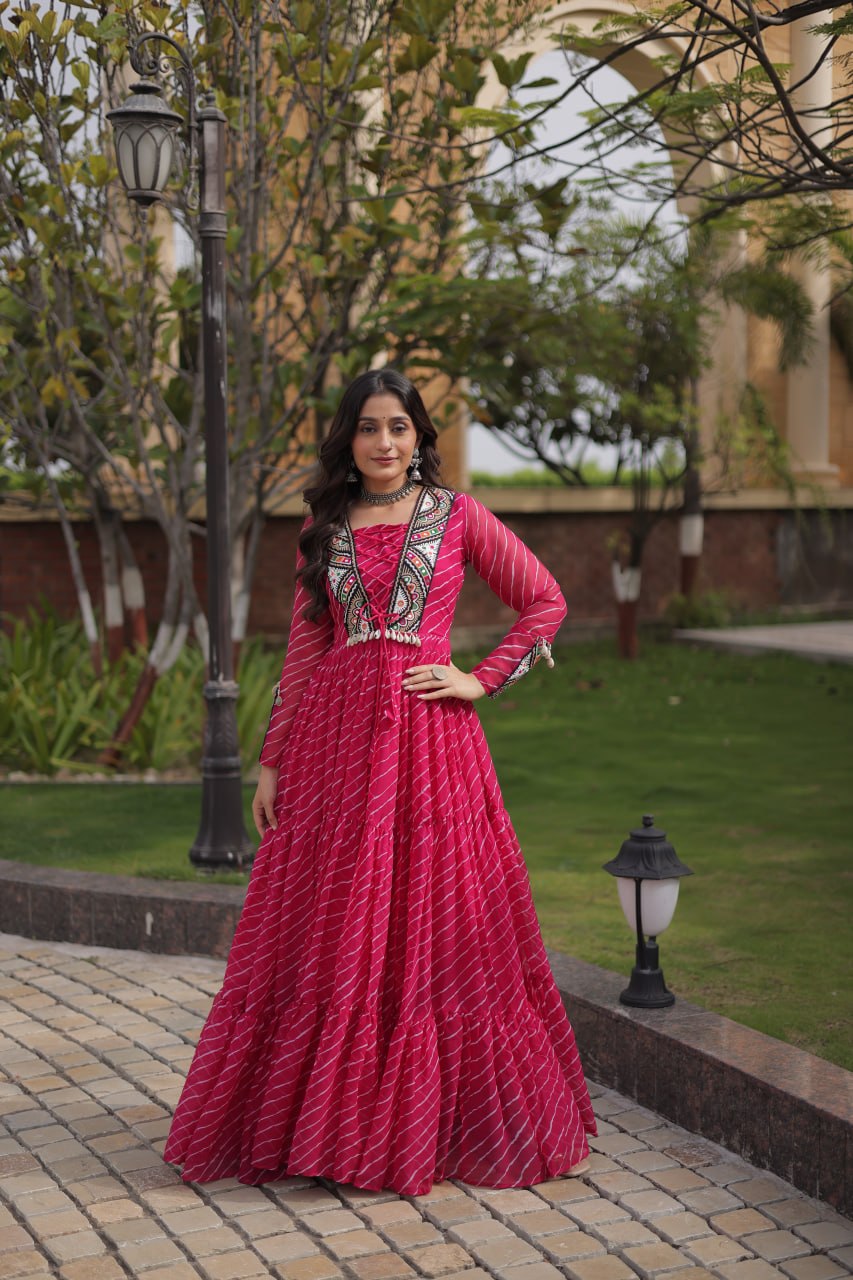 Pink Designer Laheriya Gown ClothsVilla.com