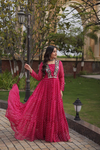 Pink Designer Laheriya Gown ClothsVilla.com