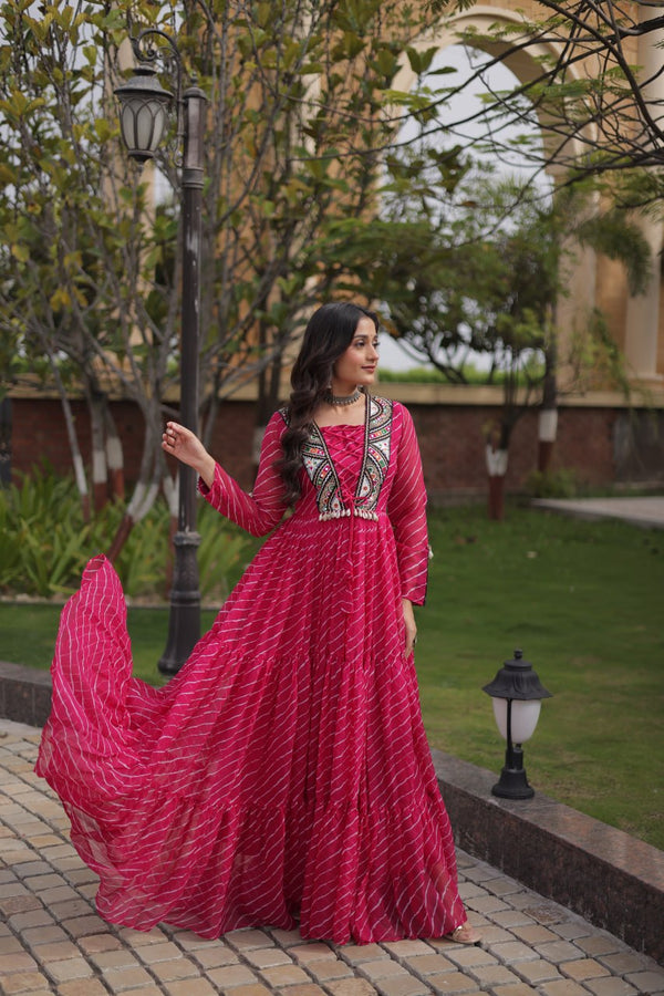 Pink Designer Laheriya Gown ClothsVilla.com