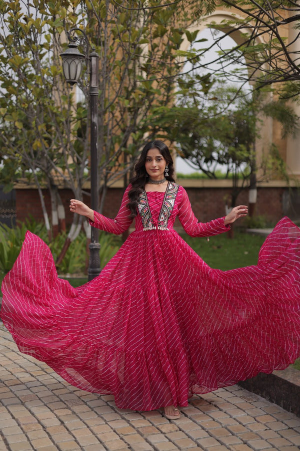 Pink Designer Laheriya Gown ClothsVilla.com