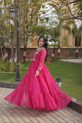 Pink Designer Laheriya Gown ClothsVilla.com
