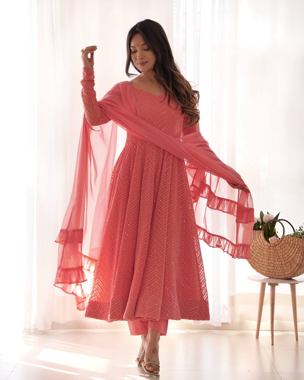 Pink Designer Lucknowi Embroidered Anarkali Set with Ruffle Dupatta – Heavy Fox Georgette Clothsvilla