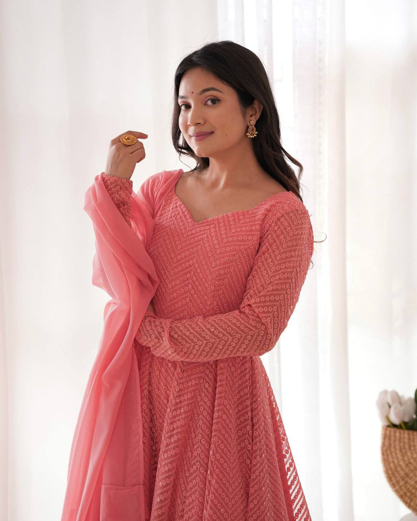 Pink Designer Lucknowi Embroidered Anarkali Set with Ruffle Dupatta – Heavy Fox Georgette Clothsvilla