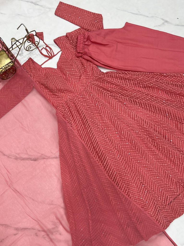 Pink Designer Lucknowi Embroidered Anarkali Set with Ruffle Dupatta – Heavy Fox Georgette Clothsvilla