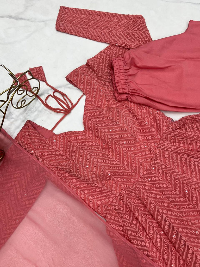 Pink Designer Lucknowi Embroidered Anarkali Set with Ruffle Dupatta – Heavy Fox Georgette Clothsvilla