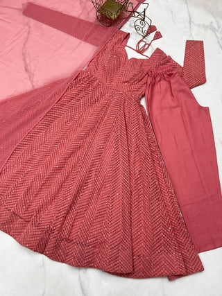 Pink Designer Lucknowi Embroidered Anarkali Set with Ruffle Dupatta – Heavy Fox Georgette Clothsvilla