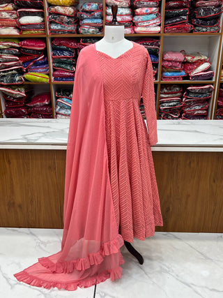 Pink Designer Lucknowi Embroidered Anarkali Set with Ruffle Dupatta – Heavy Fox Georgette Clothsvilla