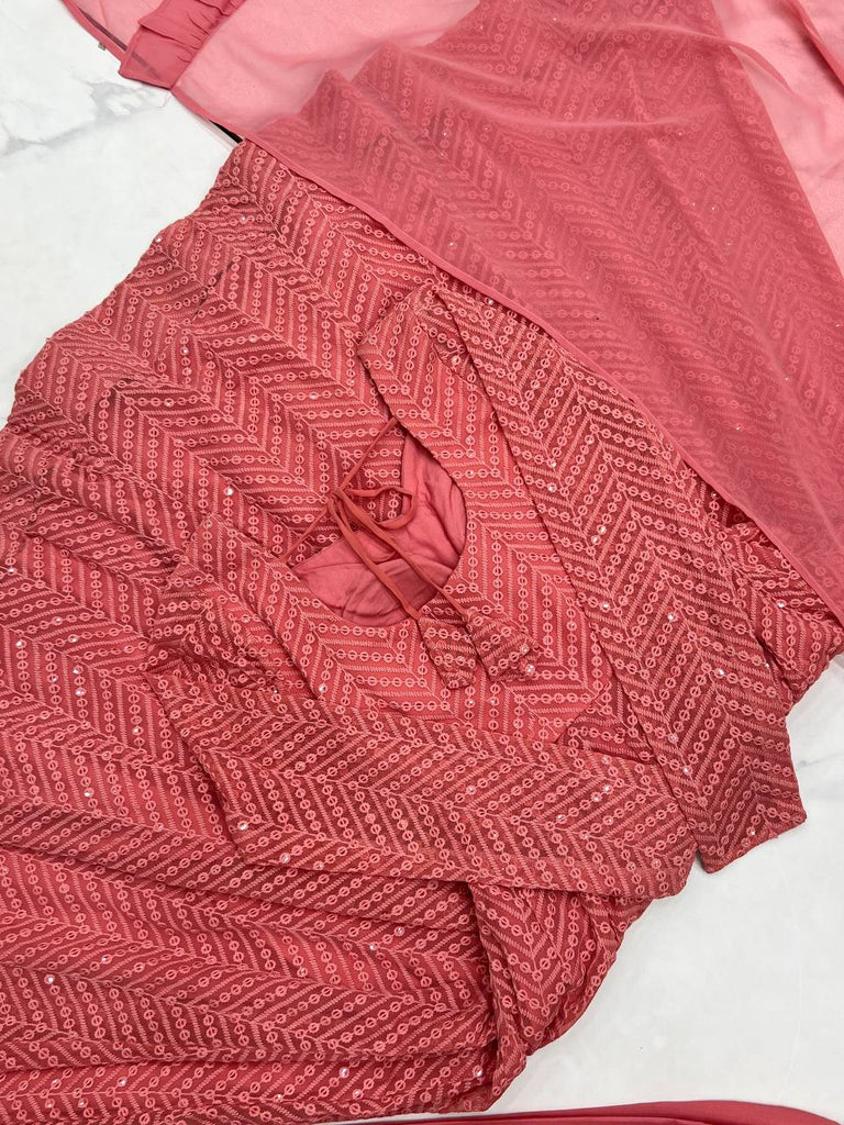 Pink Designer Lucknowi Embroidered Anarkali Set with Ruffle Dupatta – Heavy Fox Georgette Clothsvilla