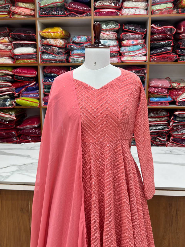 Pink Designer Lucknowi Embroidered Anarkali Set with Ruffle Dupatta – Heavy Fox Georgette Clothsvilla