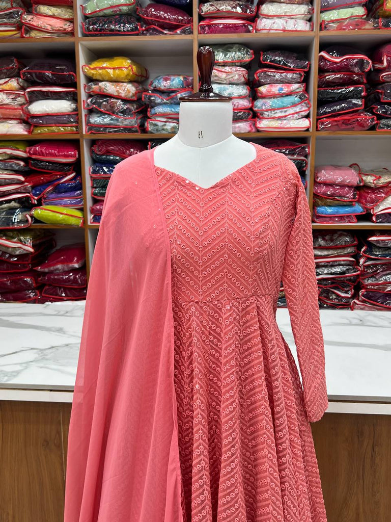 Pink Designer Lucknowi Embroidered Anarkali Set with Ruffle Dupatta – Heavy Fox Georgette Clothsvilla