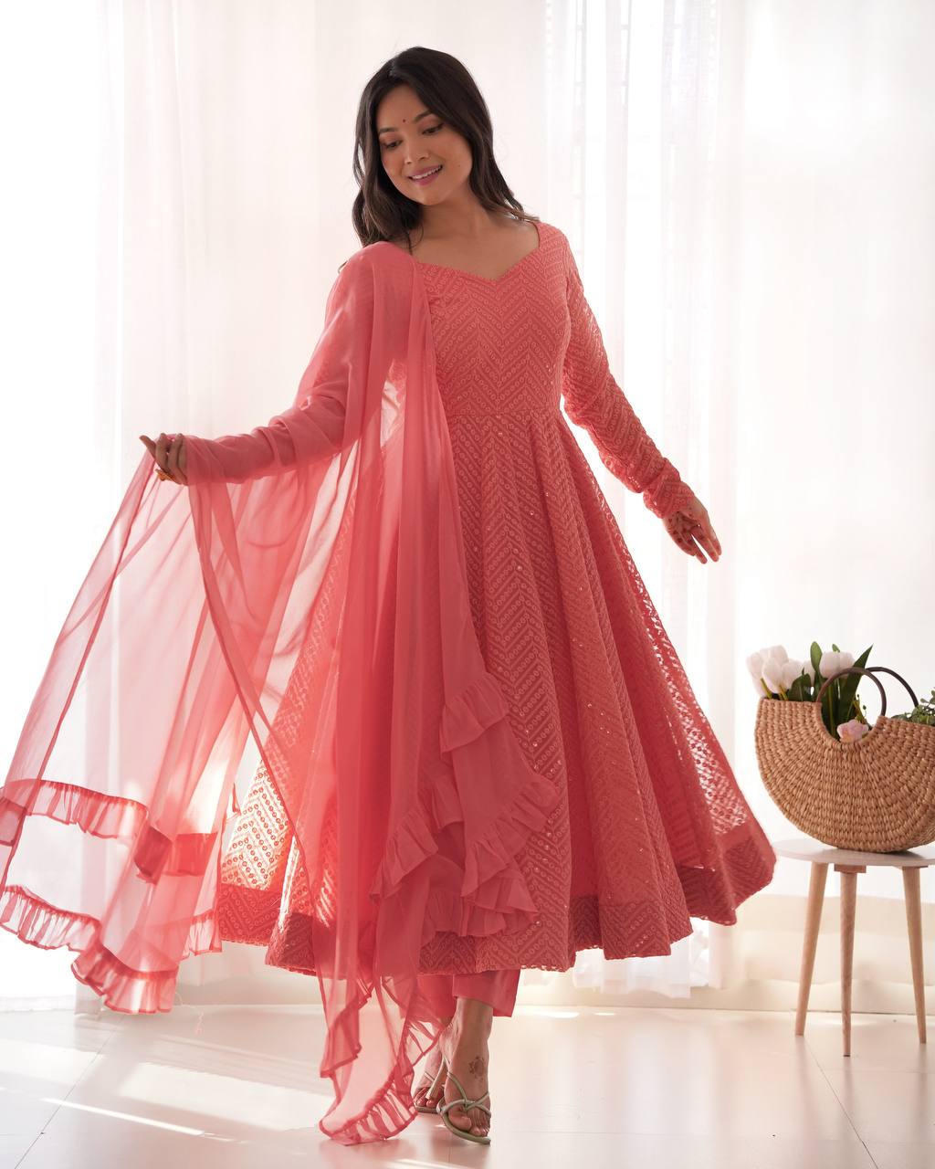 Pink Designer Lucknowi Embroidered Anarkali Set with Ruffle Dupatta – Heavy Fox Georgette Clothsvilla