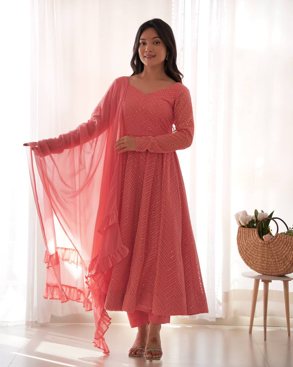 Pink Designer Lucknowi Embroidered Anarkali Set with Ruffle Dupatta – Heavy Fox Georgette Clothsvilla Main image