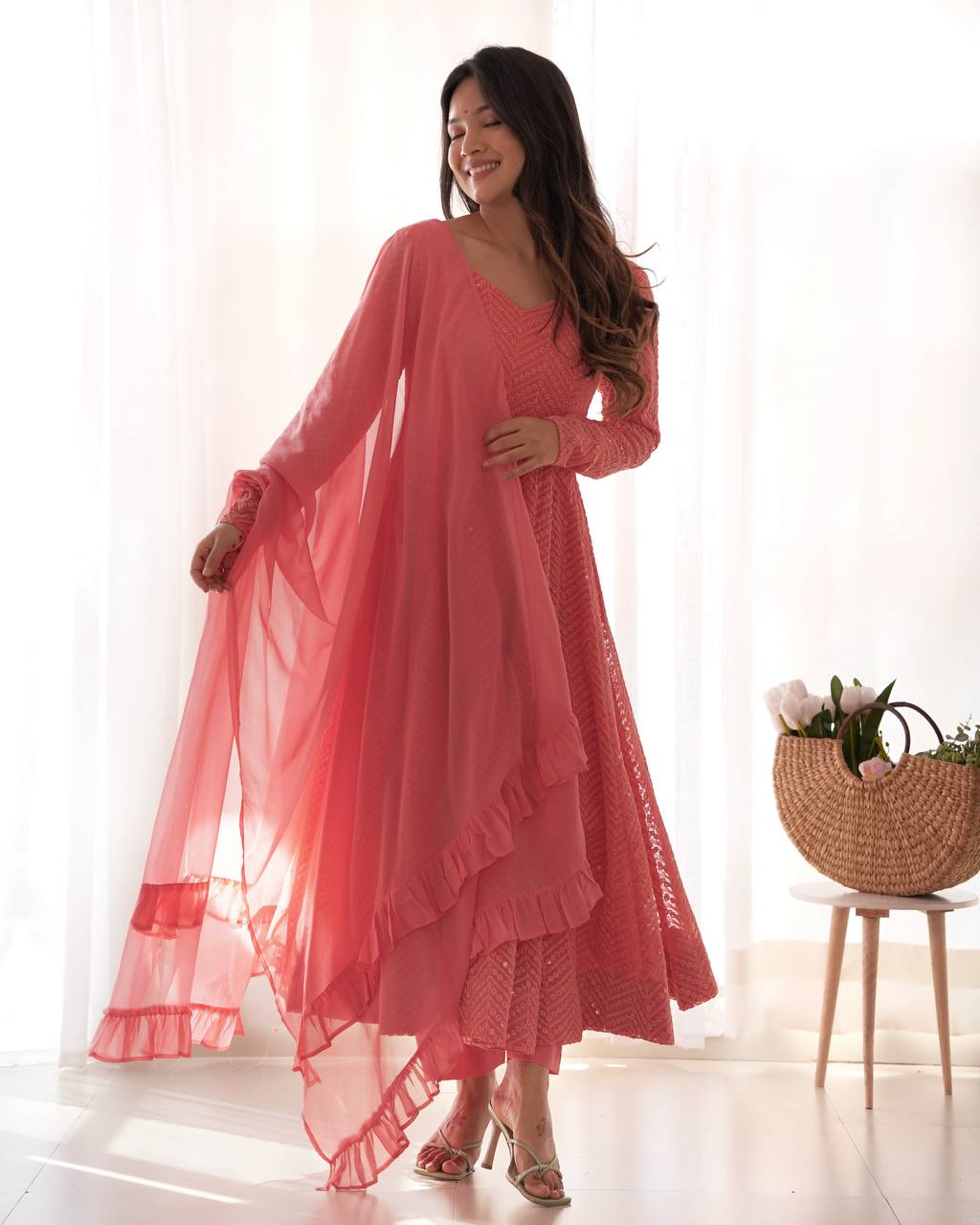 Pink Designer Lucknowi Embroidered Anarkali Set with Ruffle Dupatta – Heavy Fox Georgette Clothsvilla