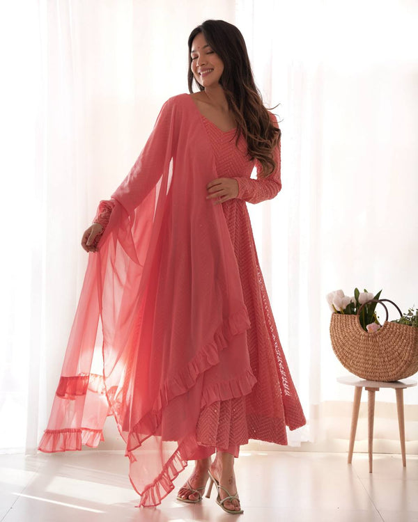 Pink Designer Lucknowi Embroidered Anarkali Set with Ruffle Dupatta – Heavy Fox Georgette Clothsvilla