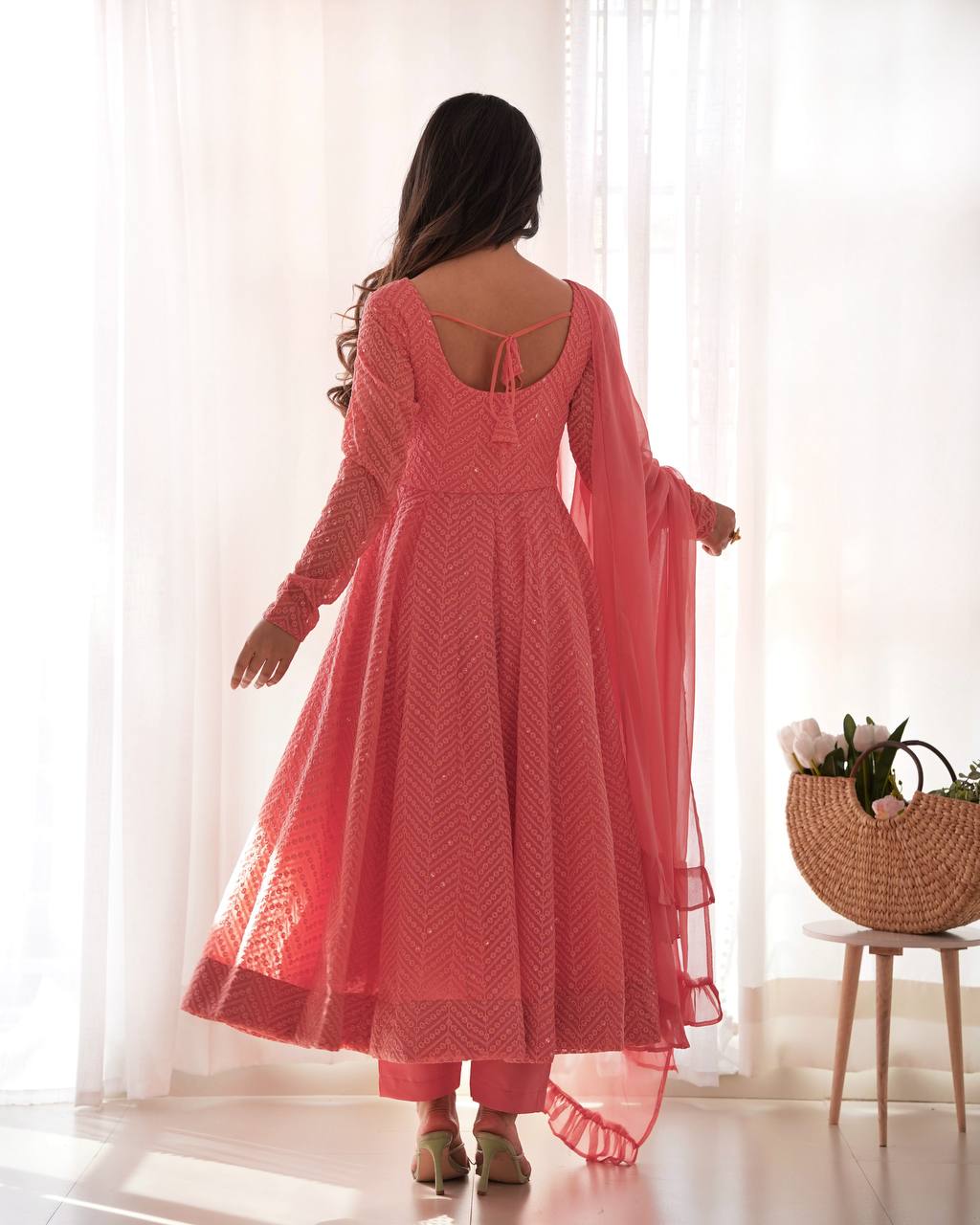 Pink Designer Lucknowi Embroidered Anarkali Set with Ruffle Dupatta – Heavy Fox Georgette Clothsvilla